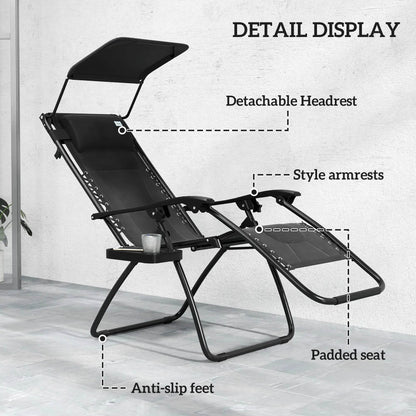 Outsunny Zero Gravity Lounger Chair, Folding Reclining Patio Chair with Shade Cover, Padded Seat, Cup Holder, Soft Cushion and Headrest for Poolside, Camping 89cm x 65cm x 113cm 4