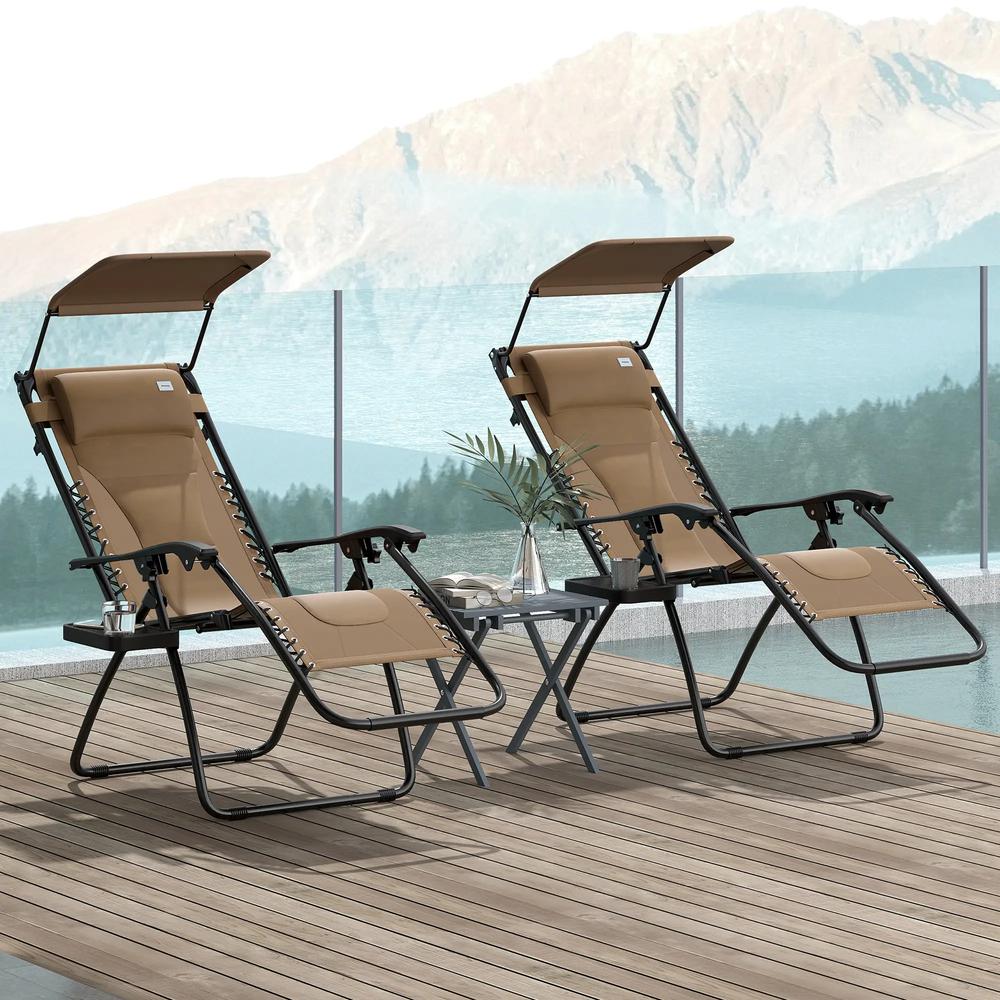 Outsunny Zero Gravity Lounger Chair Set of 2, Folding Reclining Patio Chair with Shade Cover, Padded Seat, Cup Holder, Soft Cushion and Headrest for Poolside, Camping 32