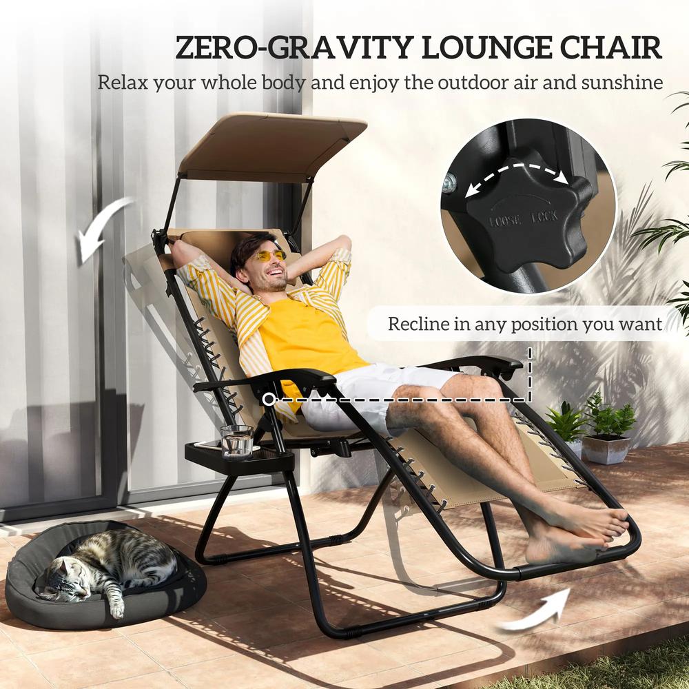 Outsunny Zero Gravity Lounger Chair Set of 2, Folding Reclining Patio Chair with Shade Cover, Padded Seat, Cup Holder, Soft Cushion and Headrest for Poolside, Camping 34