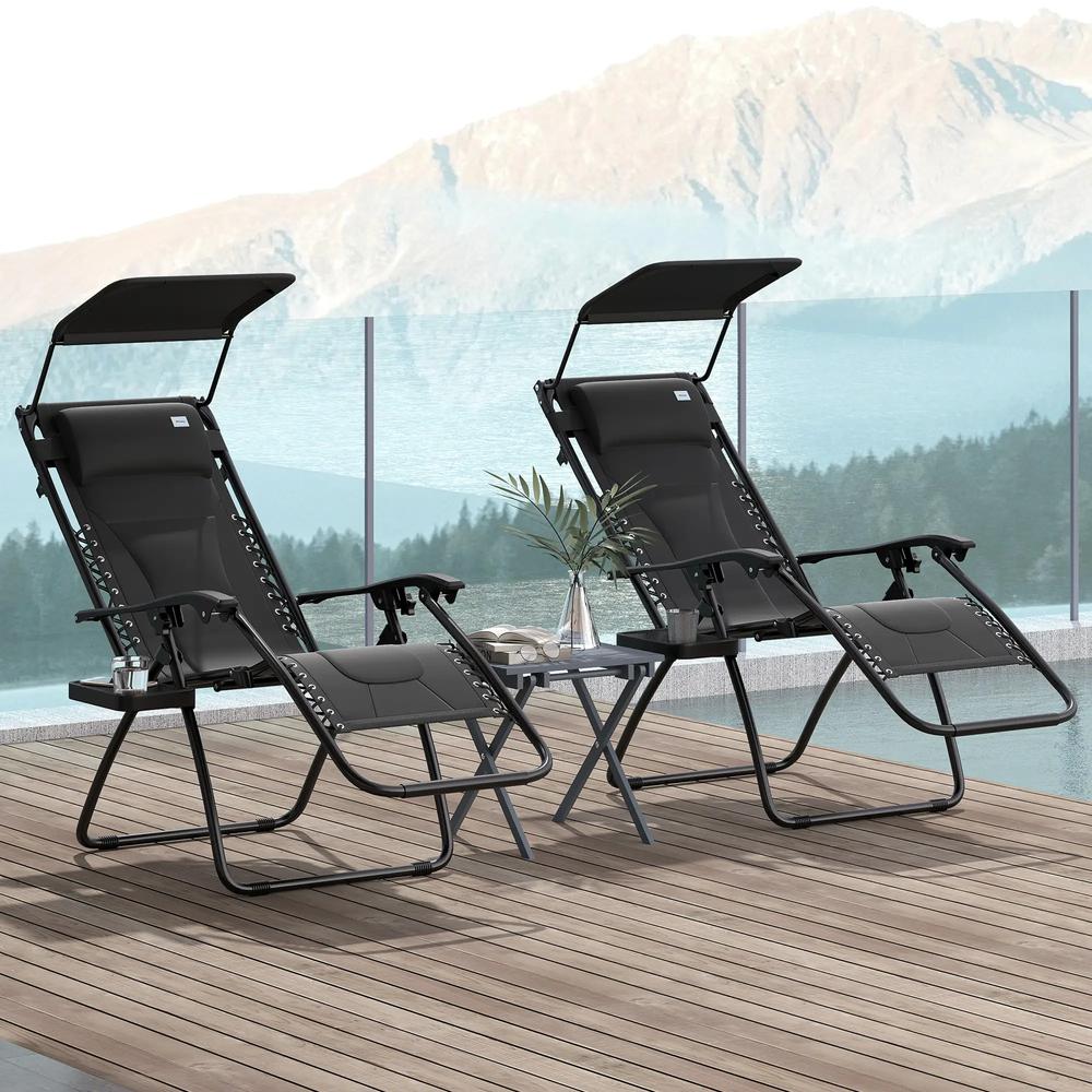 Outsunny Zero Gravity Lounger Chair Set of 2, Folding Reclining Patio Chair with Shade Cover, Padded Seat, Cup Holder, Soft Cushion and Headrest for Poolside, Camping 1