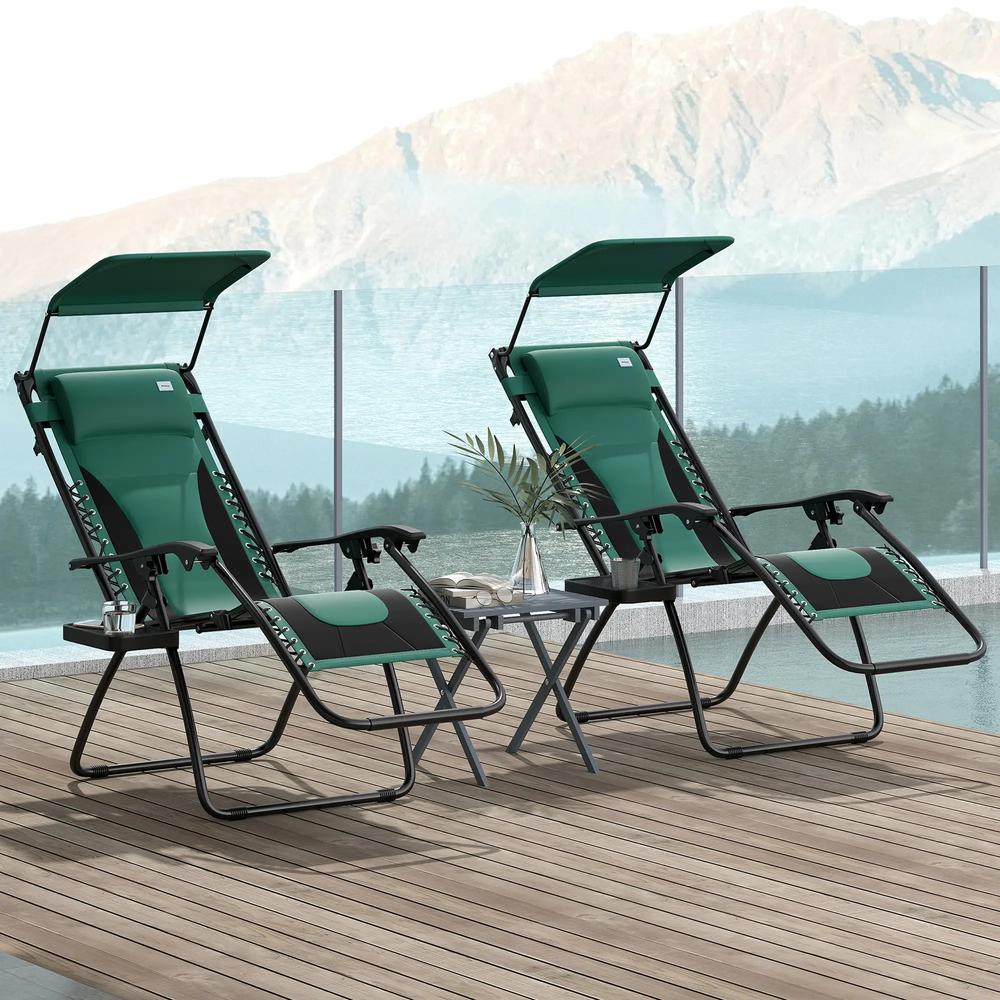 Outsunny Zero Gravity Lounger Chair Set of 2, Folding Reclining Patio Chair with Shade Cover, Padded Seat, Cup Holder, Soft Cushion and Headrest for Poolside, Camping 11