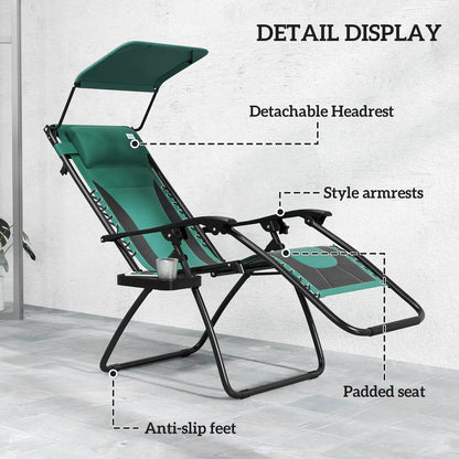 Outsunny Zero Gravity Lounger Chair Set of 2, Folding Reclining Patio Chair with Shade Cover, Padded Seat, Cup Holder, Soft Cushion and Headrest for Poolside, Camping 14