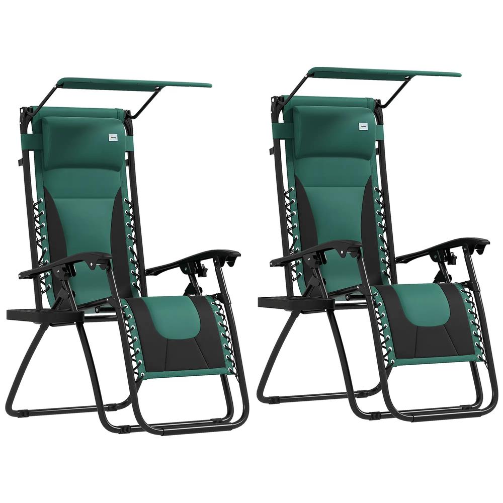 Outsunny Zero Gravity Lounger Chair Set of 2, Folding Reclining Patio Chair with Shade Cover, Padded Seat, Cup Holder, Soft Cushion and Headrest for Poolside, Camping 19