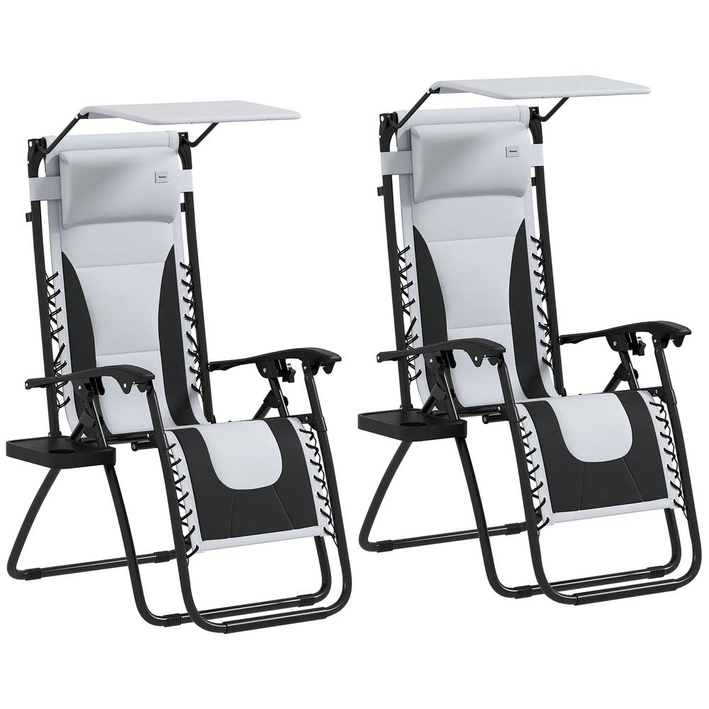 Outsunny Zero Gravity Lounger Chair Set of 2, Folding Reclining Patio Chair with Shade Cover, Padded Seat, Cup Holder, Soft Cushion and Headrest for Poolside, Camping 20