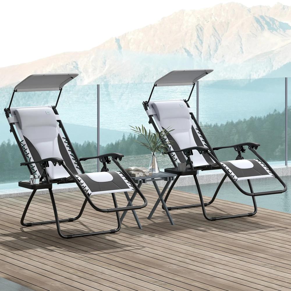 Outsunny Zero Gravity Lounger Chair Set of 2, Folding Reclining Patio Chair with Shade Cover, Padded Seat, Cup Holder, Soft Cushion and Headrest for Poolside, Camping 21