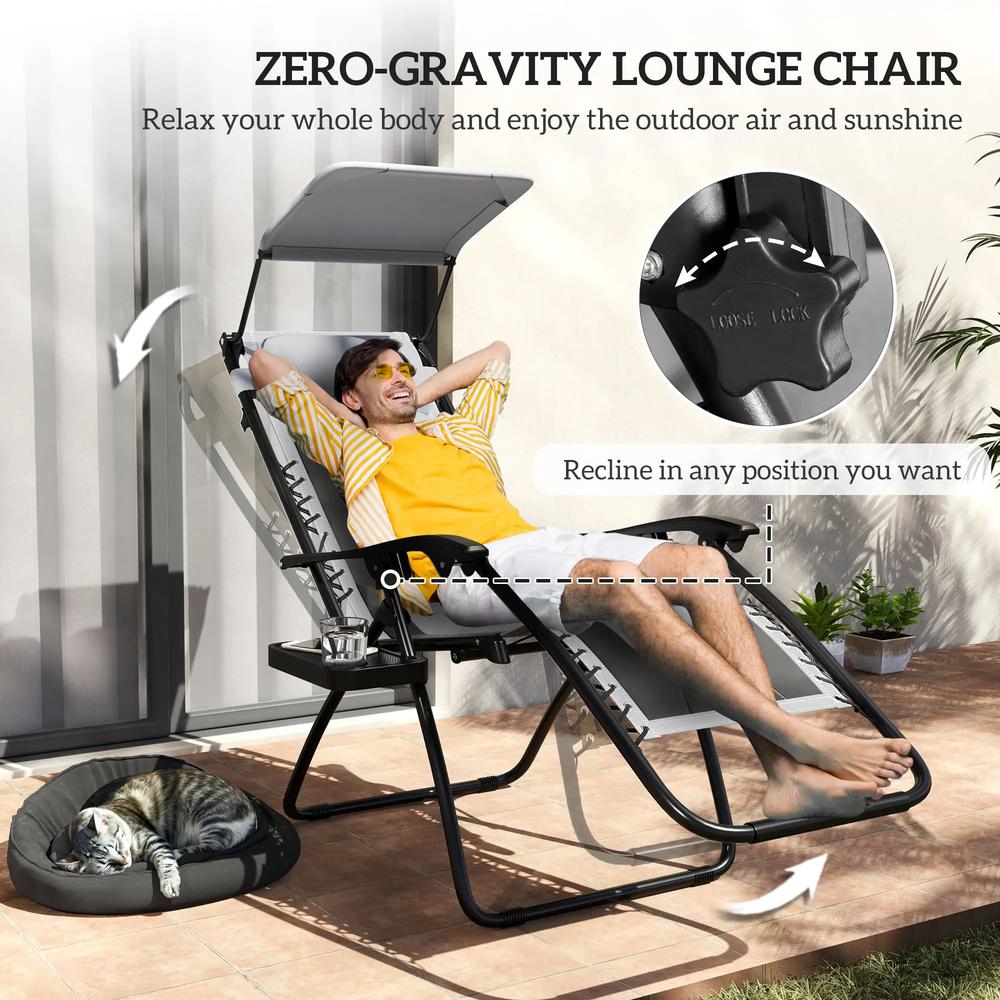 Outsunny Zero Gravity Lounger Chair Set of 2, Folding Reclining Patio Chair with Shade Cover, Padded Seat, Cup Holder, Soft Cushion and Headrest for Poolside, Camping 23