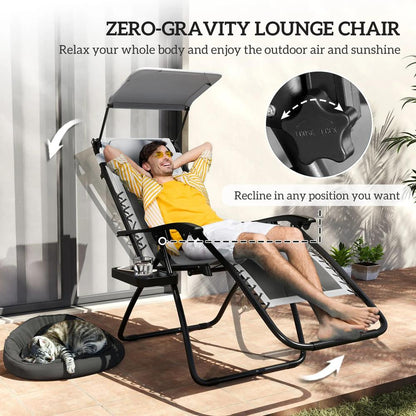 Outsunny Zero Gravity Lounger Chair Set of 2, Folding Reclining Patio Chair with Shade Cover, Padded Seat, Cup Holder, Soft Cushion and Headrest for Poolside, Camping 23