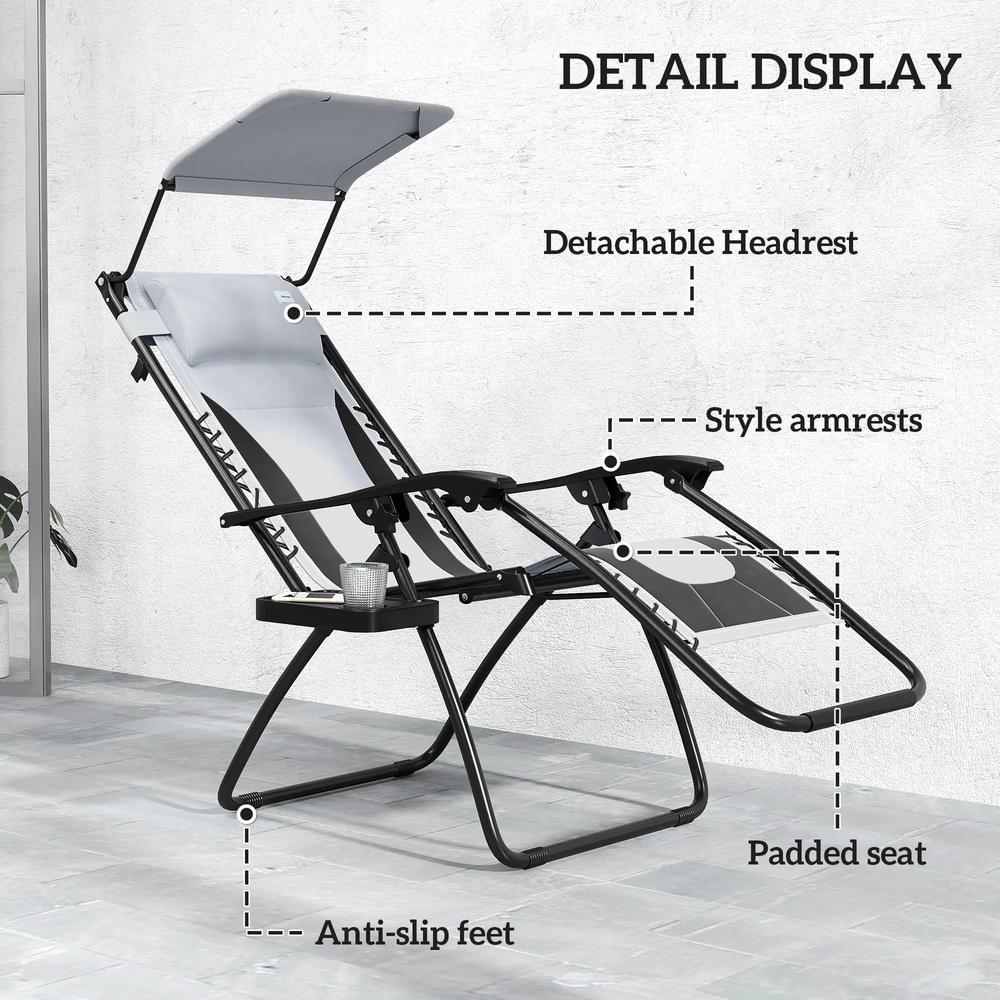 Outsunny Zero Gravity Lounger Chair Set of 2, Folding Reclining Patio Chair with Shade Cover, Padded Seat, Cup Holder, Soft Cushion and Headrest for Poolside, Camping 24