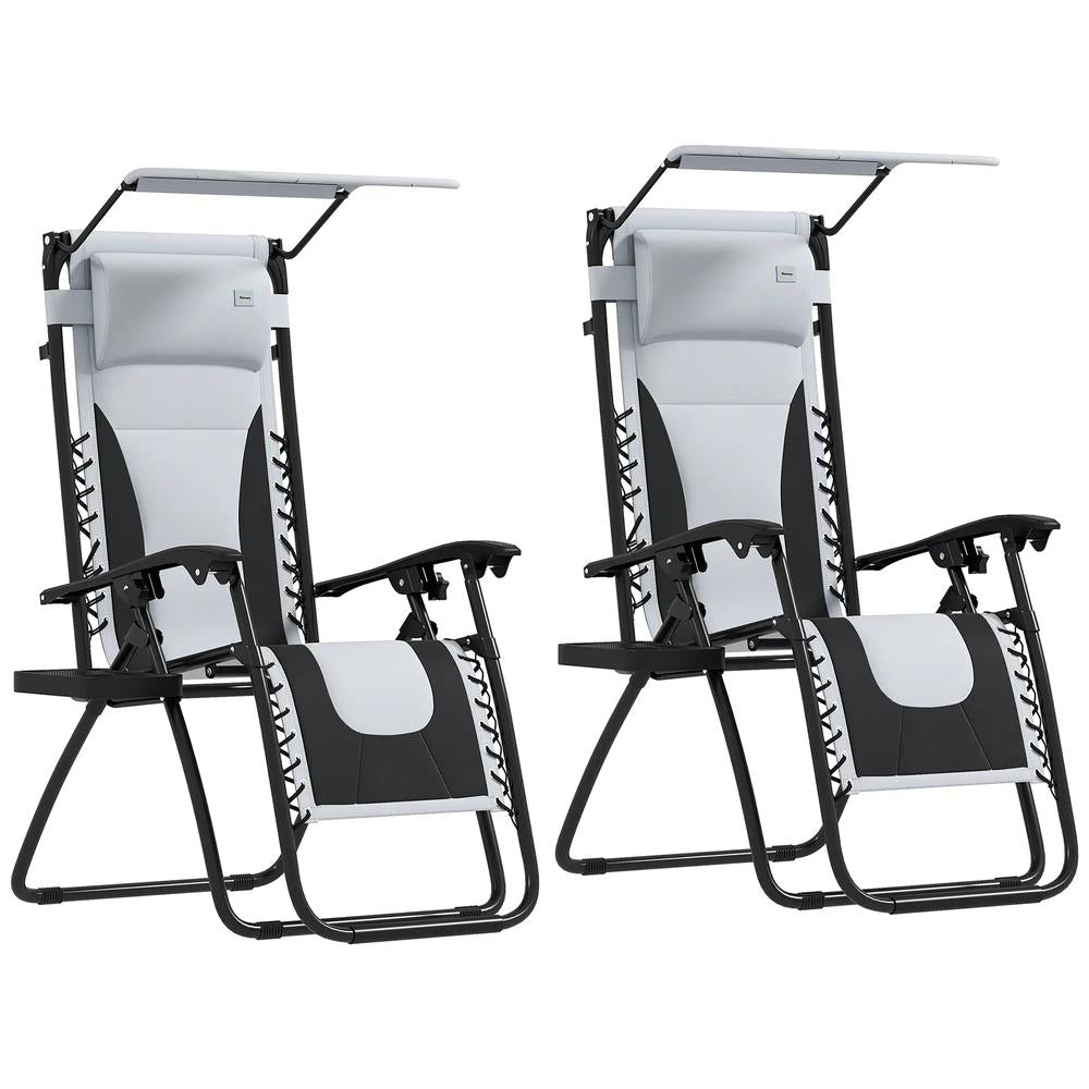 Outsunny Zero Gravity Lounger Chair Set of 2, Folding Reclining Patio Chair with Shade Cover, Padded Seat, Cup Holder, Soft Cushion and Headrest for Poolside, Camping 30