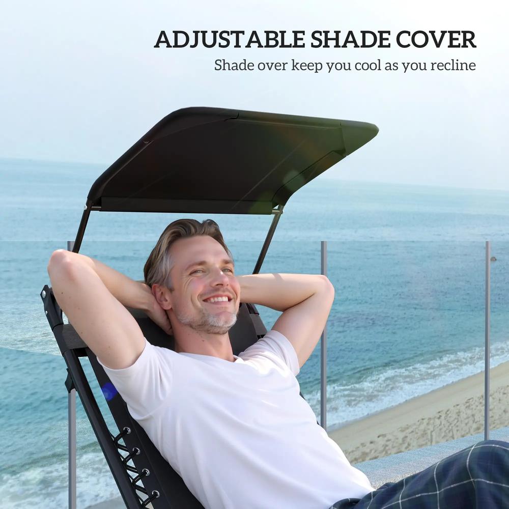 Outsunny Zero Gravity Lounger Chair Set of 2, Folding Reclining Patio Chair with Shade Cover, Padded Seat, Cup Holder, Soft Cushion and Headrest for Poolside, Camping 5