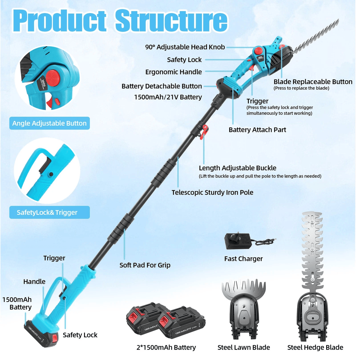Cordless Pole Hedge Trimmer #2026 Upgraded Hedge Trimmer (Long Reach)